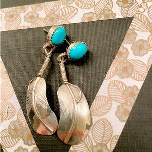 Rare Vintage Native American Signed Turquoise Sterling Silver Earrings